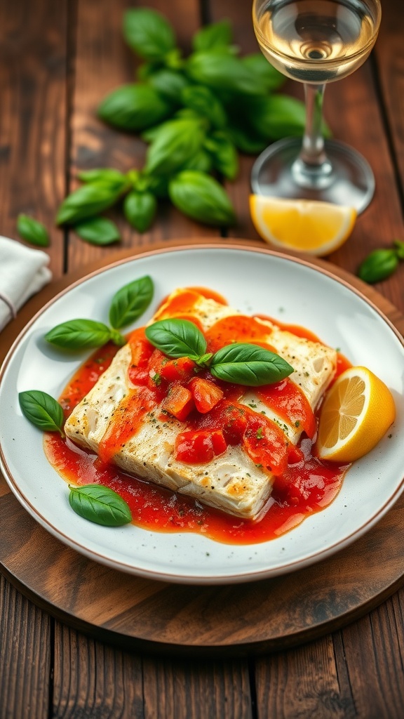 Pan-seared cod fillets topped with tomato basil sauce and garnished with fresh basil, served with lemon wedges.